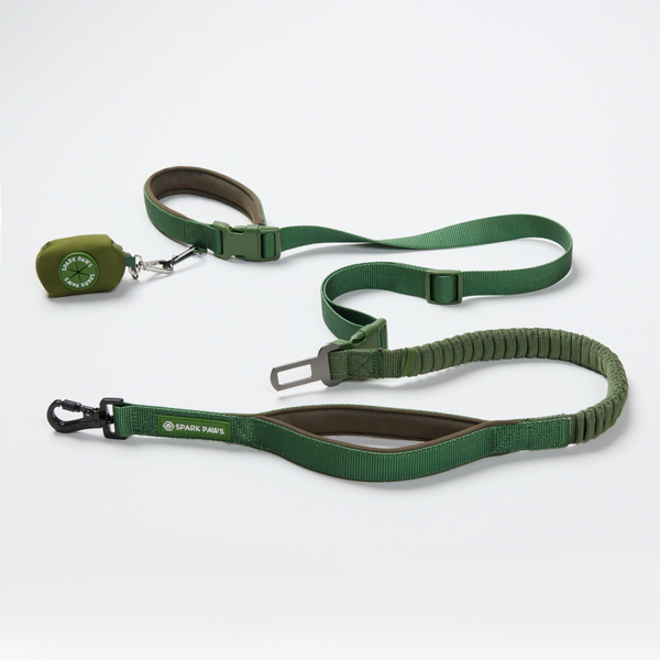 Multipurpose Seatbelt Handsfree Leash & Poop Bag Holder Set - Army Green