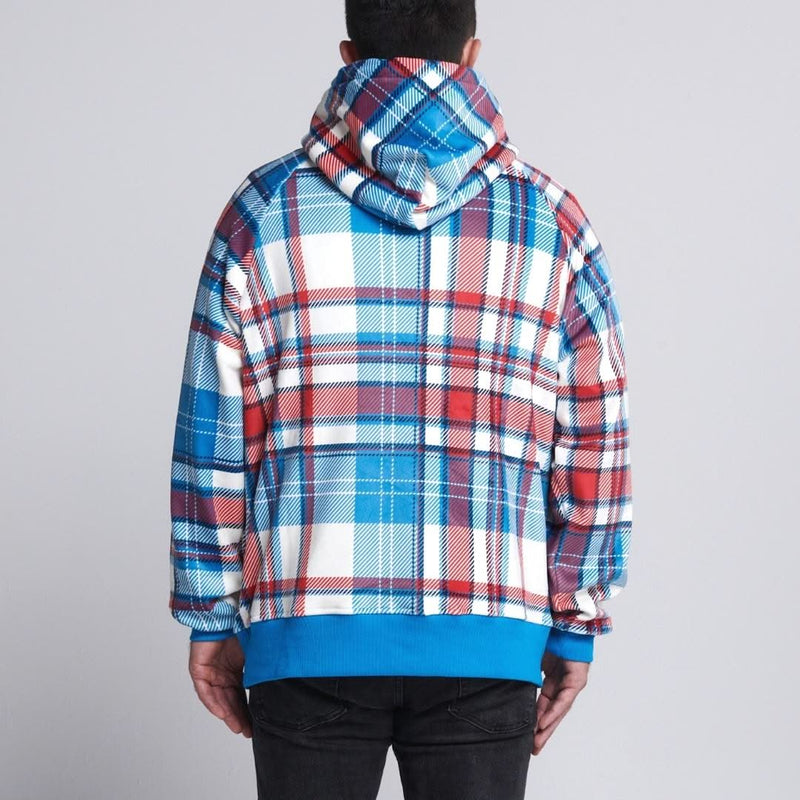 Hoodie humano xadrez azul e vermelho