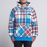 Hoodie humano xadrez azul e vermelho