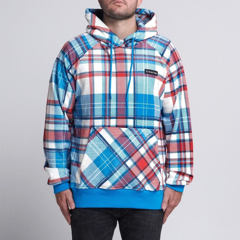 Hoodie humano xadrez azul e vermelho